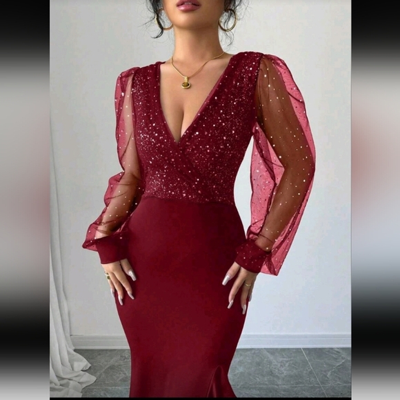 Elegant Sexy V-Neck Waisted High Slit Dress, Sequins Splicing Elastic - Picture 5 of 5